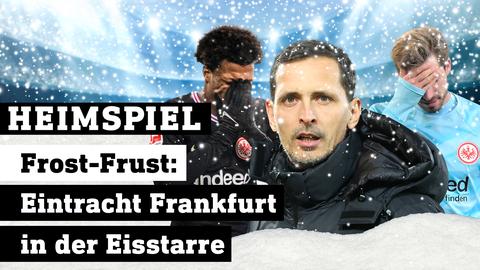 Collage: Jessic Ngangkam, Dino Toppmöller und Kevin Trapp im eisigen Schnee. Text: Frost-Frust, Eintracht Frankfurt in der Eisstarre.