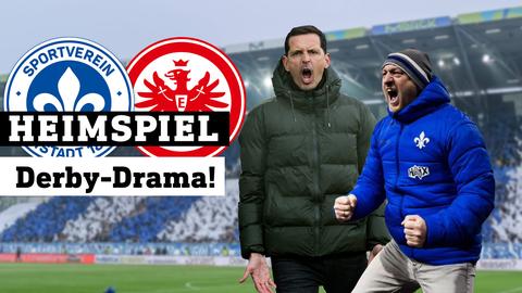Links Wappen von Darmstadt und Eintracht Frankfurt, daneben Frankfurts  Trainer Dino Toppmöller, rechts Darmstadts Trainer Torsten Lieberknecht. 