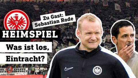 Eintracht-Spieler Sebastian Rode (li.) und Trainer Dino Toppmöller schauen skeptisch in die Kamera, links das Logo der SGE und im Hintergrund Fans im Stadion (Collage). Text: Zu Gast: Sebastian Rode, Titel: Was ist los, Eintracht?