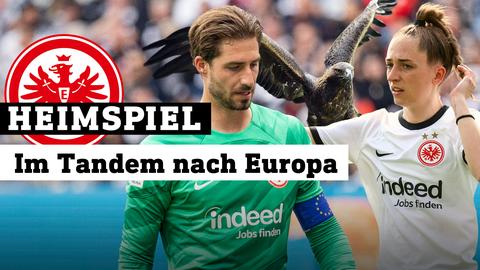 Kevin Trapp und Sophia Kleinherne mit Adler Attila auf dem Fußballplatz. Logo: Heimspiel / Text: Im Tandem nach Europa