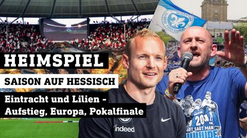 Torsten Lieberknecht auf der Aufstiegsfeier und Sebastian Rode vorm Eintracht Block. Text: Heimspiel - Saison auf Hessisch - Eintracht und Lilien -  Aufstieg, Europa, Pokalfinale