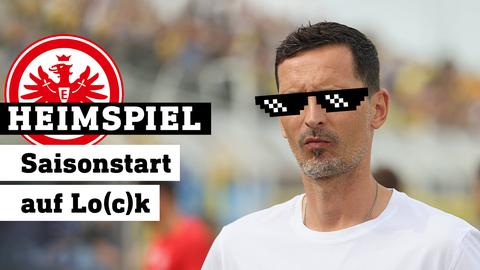 Eintracht-Trainer Dino Toppmöller mit Pixelbrille (Collage), Text: Heimspiel - Auf Lo(c)k