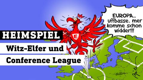 Comic-Zeichnung von Heimspiel-Gast Michael Apitz. Europa als grüner Fußballplatz; aus dem Mittelkreis Springt Attila und sagt “EUROPA … uffbasse, mer komme schon widder!!!”.