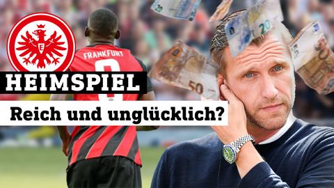Eintracht Sportdirektor Markus Krösche im Geldregen während Kolo Muani wegläuft. Text: Heimspiel, Reich und unglücklich?s