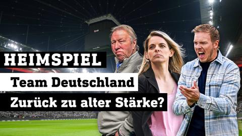 Horst Hrubesch, Nia Künzer und Julian Nagelsmann vorm Waldstadion. Text: Team Deutschland - Zurück zu alter Stärke? 