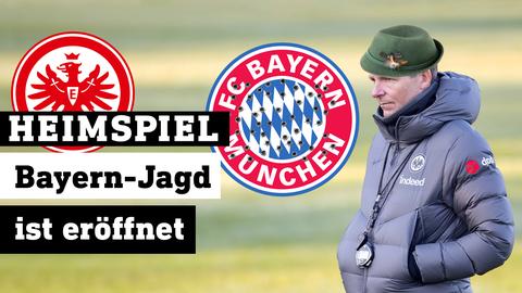 Oliver Glasner trägt einen Jägerhut, neben ihm befindet sich ein durchlöchertes FC Bayern München Logo 