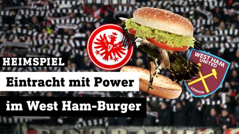 Adler in einem Burger, dahinter Eintracht-Fans im Stadion.