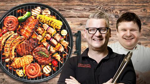 Grillweltmeister Klaus Breinig aus Kassel und Konditorweltmeister Bernd Siefert aus Michelstadt, links Grillgut (Collage). 