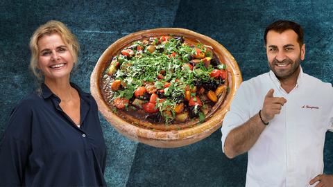 Profi-Koch Ali Güngörmüş, Tanja Hoffmann und ihre marokkanische Lamm-Tajine.