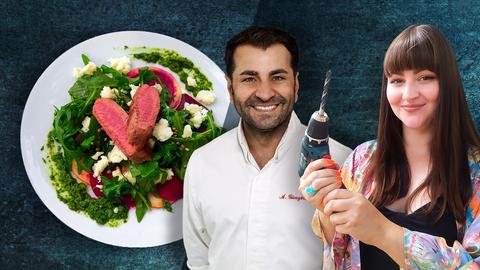 Ali Güngörmüs steht neben seiner Konkurrentin, die einen Bohrer in der Hand hält. Im Hintergrund ist ein Filetstück auf einem Salatbett zu sehen. 