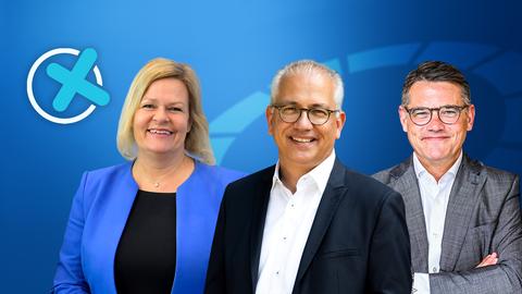 Nancy Faeser, Tarek Al-Wazir und Boris Rhein (v.li.) treten im Triell gegeneinander an.
