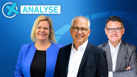 Nancy Faeser, Tarek Al-Wazir und Boris Rhein (v.li.) treten im Triell gegeneinander an. Anschließend wird der Dreikampf analysiert.
