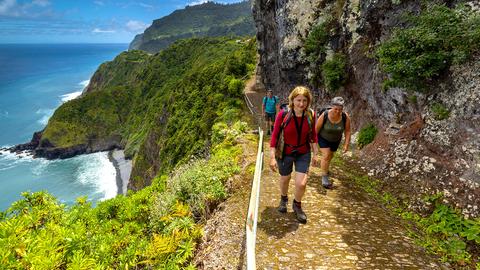 Drei Wanderer*innen laufen einen steilen Bergpfad an Madeiras Küste nach oben.