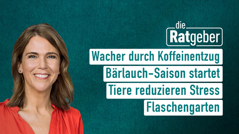 Moderatorin Anne Brüning sowie die Themen bei "die Ratgeber" am 17.03.2023: Wacher durch Koffein-Entzug?, Bärlauch-Saison startet, Tiere reduzieren Stress, Flaschengarten 