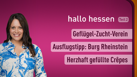 Moderatorin Leonie Koch sowie die Themen bei "hallo hessen!" am 17.03.2023: Geflügel-Zucht-Verein, Ausflugstipp: Burg Rheinstein, Herzhaft gefüllte Crêpes