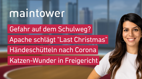 Moderatorin Mandana Bareh Foroush sowie die Themen bei "maintower" am 16.03.2023: Gefahr auf dem Schulweg? Apache schläft "Last Christmas", Händeschütteln nach Corona, Katzenwunder in Freigericht 