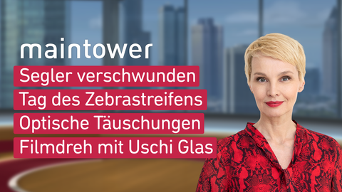 Susann Altwell und die Themen der Sendung "maintower" vom 01.09.2023: Segler verschwunden, Tag des Zebrastreifens, Optische Täuschungen, Filmdreh mit Uschi Glas