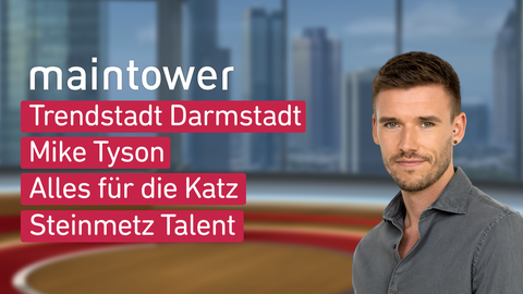 Moderator Marvin Fischer sowie die Themen bei "maintower" am 15.09.2023: Trendstadt Darmstadt, Mike Tyson, Alles für die Katz, Steinmetz Talent