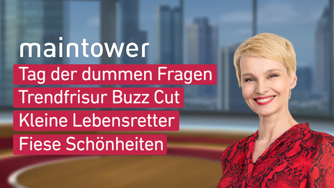 Moderatorin Susann Atwell sowie die Themen bei 28.09.2023: Tag der dummen Fragen, Trendfrisur Buzz Cut, Kleine Lebensretter, Fiese Schönheiten 