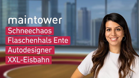 Moderatorin Mandana Bareh Foroush sowie die Themen bei"maintower" am 28.11.2023: Schneechaos, Flaschenhals Ente, Autodesigner, XXL-Eisbahn