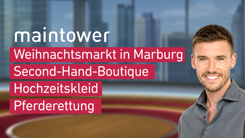 Moderator Marvin Fischer sowie die Themen bei "maintower" am 04.12.2023: Weihnachtsmarkt in Marburg, Second-Hand-Botique, Hochzeitskleid, Pferderettung 