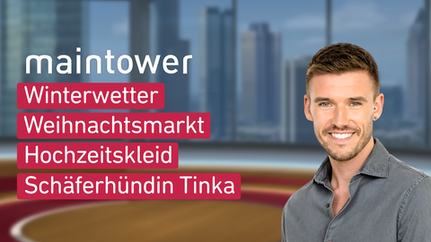 Moderator Marvin Fischer sowie die Themen bei "maintower" am 05.12.2023: Winterwetter, Weihnachtsmarkt, Hochzeitskleid, Schäferhündin Tinka