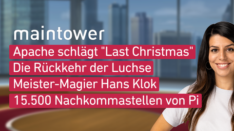 Moderatorin Mandana Bareh Foroush sowie die Themen bei "maintower weekend" am 18.03.2023: Apache schlägt Last Christmas, Die Rückkehr der Luchse, Meister-Magier Hand Klok, 15.500 Nachkommatsellen von Pi 
