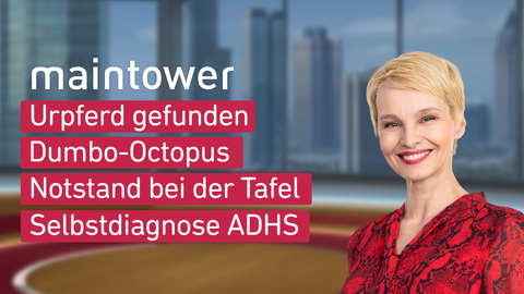 Moderatoorin Suann Atwell sowie die Themen bei "maintower weekend" am 17.11.2023: Urpferd gefunden, Dumbo-Octopus, Notstand bei der Tafel, Selbstdiagnos ADHS
