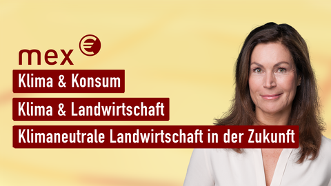 Moderatorin Claudia Schick sowie die Themen bei "mex. das marktmagazin" am 29.03.2023: Klima & Konsum, Klima & Landwirtschaft, Klimaneutrale Landwirtschaft in der Zukunft