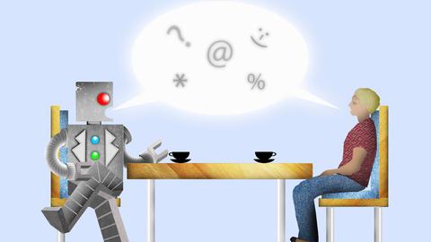 Ein Roboter spricht mit einem Menschen (Zeichnung)