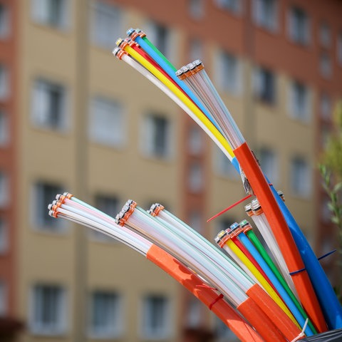 Glasfaser-Kabel ragen vor einem Haus aus dem Boden