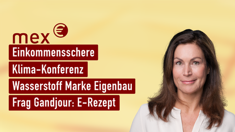 Moderatorin Claudia Schick sowie die Themen von "mex. das Marktmagazin" am 29.11.2023: Einkommensschere, Klima-Konferenz, Wasserstoff Marke Eigenbau, Frag Gandjour: E-Rezept