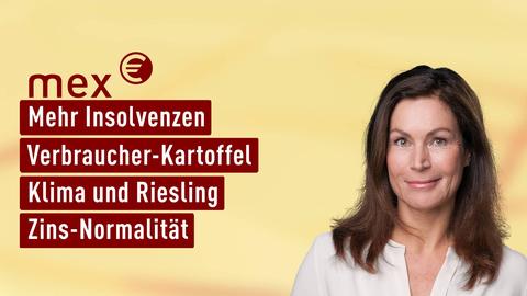 Moderatorin Claudia Schick sowie die Themen bei "mex. das marktmagazin" am 27.09.2023: Mehr Insolvenzen, Verbraucher-Kartoffel, Klima-Riesling, Zins-Normalität