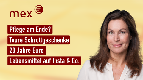 Moderatorin Claudia Schick sowie die Themen bei "mex. das Marktmagazin" am 19.01.2022: Pflege am Ende, Teure Schrottgeschenke, 20 Jahre Euro, Lebensmittel auf Insta & Co.