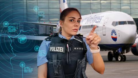 Polizistin Lea Boße links, rechts Flugzeug am Frankfurter Flughafen.