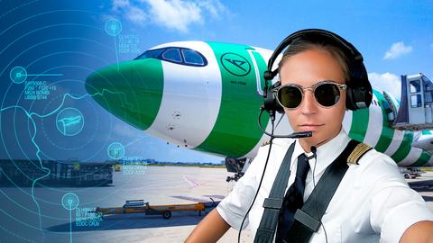 Pilotin Alina mit Sonnenbrille im Cockpit, im Hintergrund den Airbus A330neo.