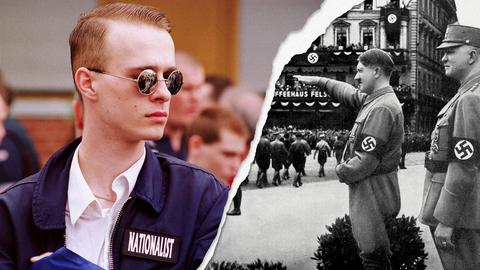 Links Bild von heutigem Nationalsozialist, rechts Adolf Hitler mit Hitlergruß und Hakenkreuz-Binde.