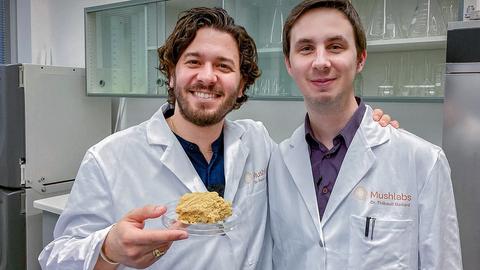 Zwei Wissenschaftler mit einer pflanzlichen Schnitzel-Alternative