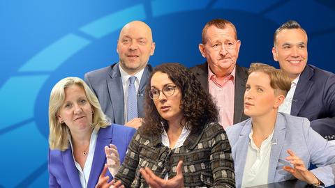 Collage mit Ines Claus (CDU), Angela Dorn (B'90/Grüne), Günter Rudolph (SPD), Robert Lambrou (AfD), Stefan Naas (FDP), Elisabeth Kula (Linke).