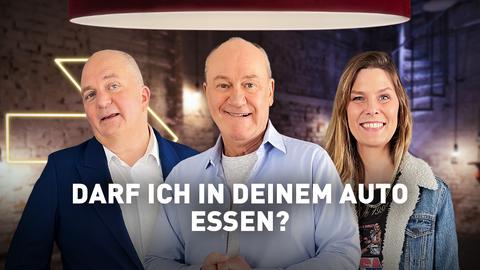 Das Rateteam der Folge Eva Briegel, Jörg Thadeusz, Bodo Bach und der Frage: Darf man in deinem Auto essen?