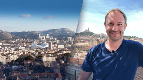 Tobi über Marseille mit dem Stade Vélodrome. 