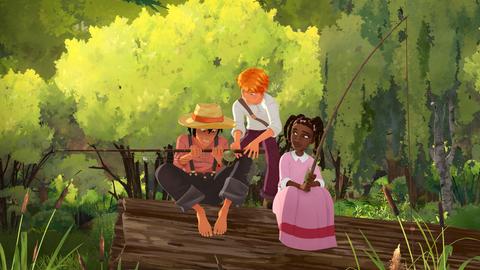Huckleberry Finn mit einer Angel auf einem Baumstamm, daneben zwei weitere Kinder.