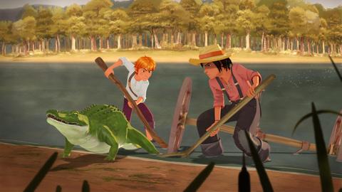 Huck und Tom helfen einem Alligator, auf dessen Schwanz ein Rad liegt.