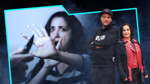 Podcaster:innen Heike Borufka und Basti Red. Links eine Frau, die mit einem Messer bedroht wird. 