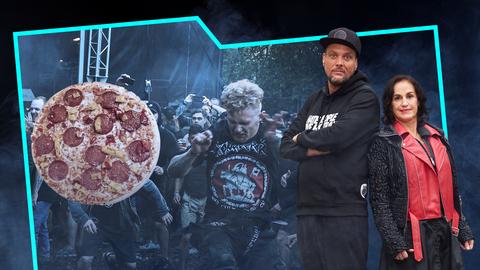 Collage: Iron Maiden-Fans auf einem Konzert und eine Pizza. Daneben die Hosts Heike Boroufka und Basti Red. 