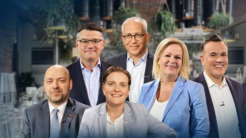 Die sechs Spitzenkandidaten der Landtagswahl Hessen 2023 vor der "WählBAR": Boris Rhein (CDU), Nancy Faeser (SPD), Tarek Al-Wazir (GRÜNE), Elisabeth Kula (LINKE), Dr. Stefan Naas (FDP) und Robert Lambrou (AfD). 