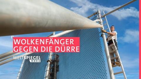 Ein Mitarbeiter überprüft die Festigkeit der Netze des riesigen "Wolkenfängers" im Süden Marokkos. 