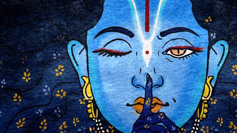 Frau in Comic-Stil mit blauem Gesicht, rotem Eyeliner und typischer Bhakti Marga Schminke auf der Stirn hält sich einen blauen Zeigefinger vor den gespitzten Mund und zwinkert.