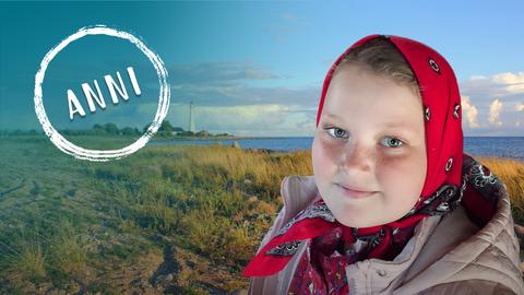 Porträt von Anni. Im Hintergrund die estnische Insel Kihnu. 