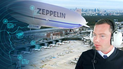Marko Hollerer mit Kopfhörern rechts im Bild, im Hintergrund Luftbild des Rollfeldes des Frankfurter Flughafens mit Skyline. Links oben im Bild: ein Zeppelin. (Collage)
